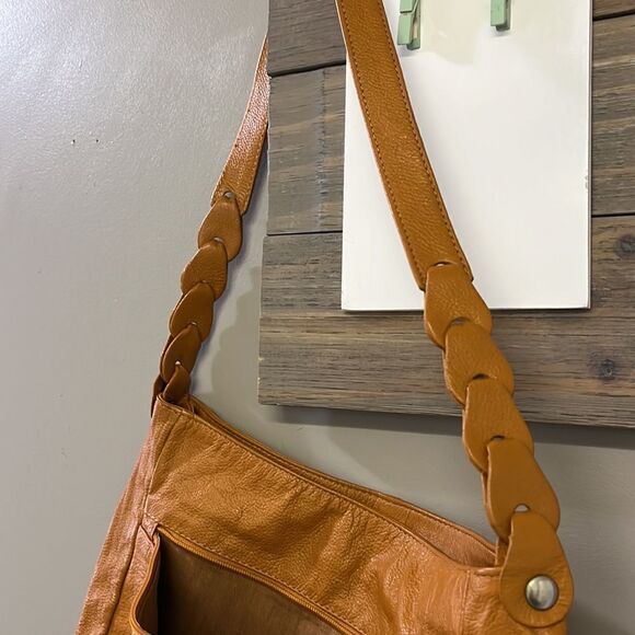 Genuine Leather Camel Shoulder Purse w/ Braided Accent & Silver-Tone Hardware - Picture 6 of 16